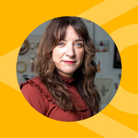 A yellow graphic with a photo of a while woman with long brown hair 