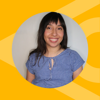 A yellow graphic with a photo of a woman with long black hair 