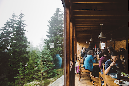 People eating by a window in a dining hall. There are large trees outside of the window. 